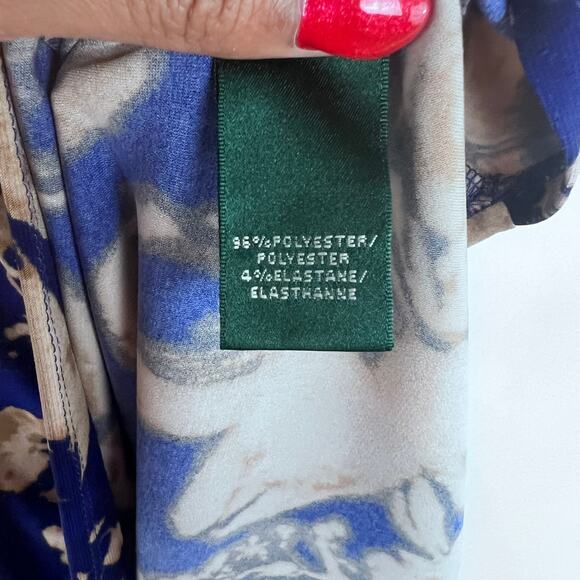 Lauren By Ralph Lauren Floral Print Blue And Tan Color Ruched Side 6 - Picture 8 of 9